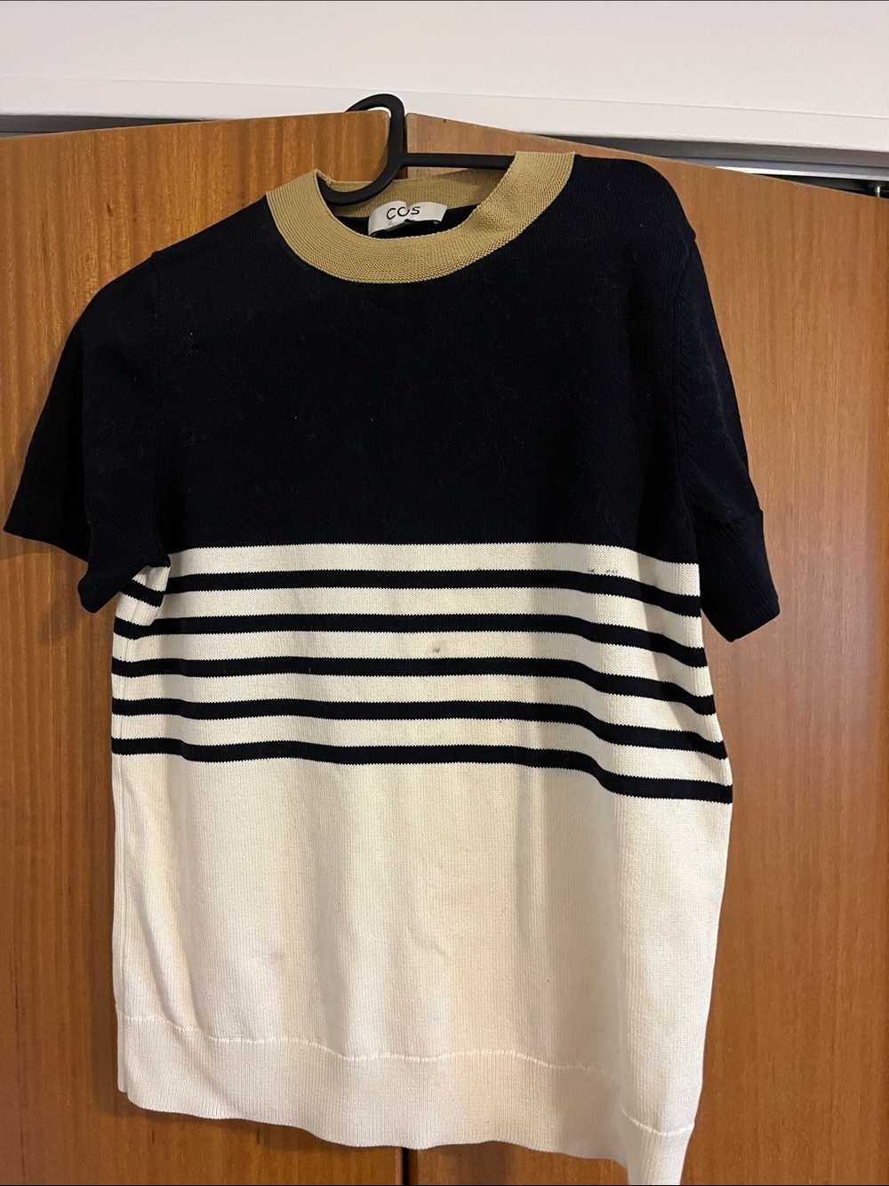 COS Navy, Cream and Tan Striped Short-Sleeve Crewneck Sweater